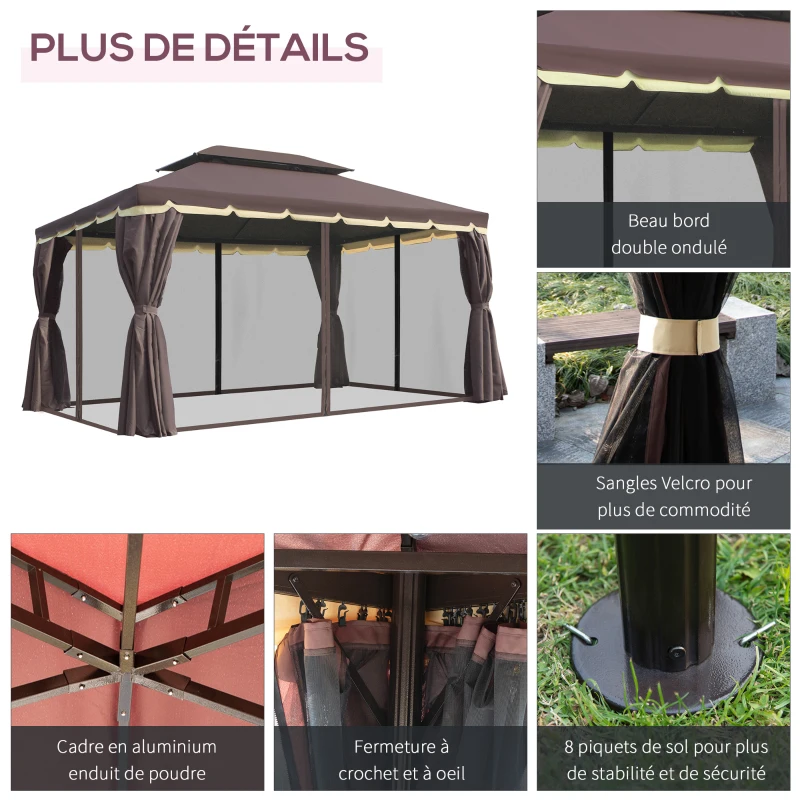 Outsunny Tonnelle de jardin extérieur 4 x 3 m barnum double toit tente de réception avec parois et moustiquaires marron(m-6)