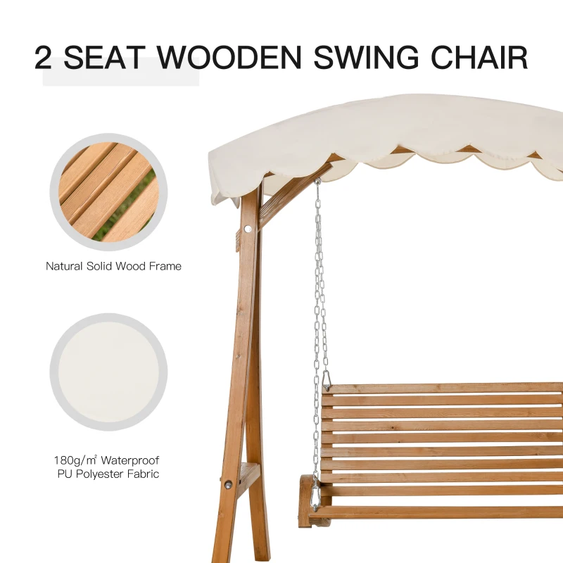 Outsunny 2 Seat Wooden Swing Chair Wood Swing Bench Chair With Canopy and Cup Holder for Patio Garden