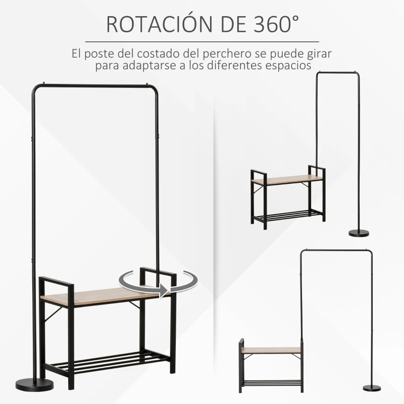 HOMCOM Perchero Burro con Zapatero y Banco 3 en 1 Perchero de Pie Giratorio 360° con Estante Mueble Recibidor Múltiples Formas para Entrada 159x30x158 cm Natural y Negro