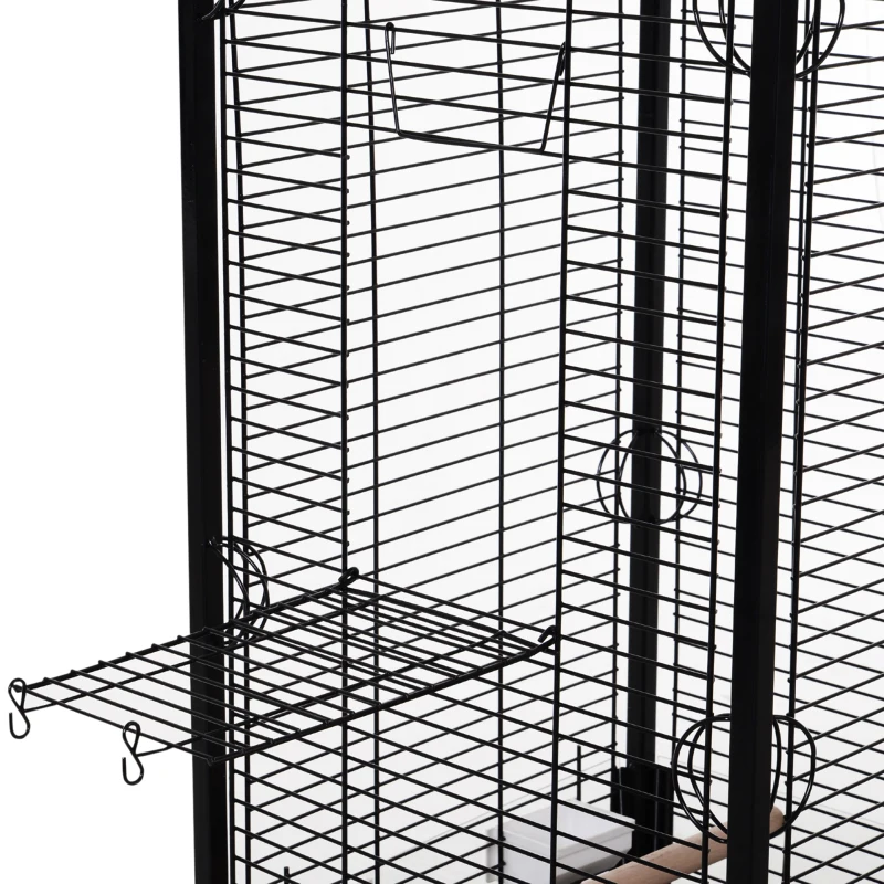 PawHut Gaiola para Pássaros com 3 Poleiros de Madeira Amovíveis Bandeja Comedouros e Rodas com Travão 54x54x151 cm Preto