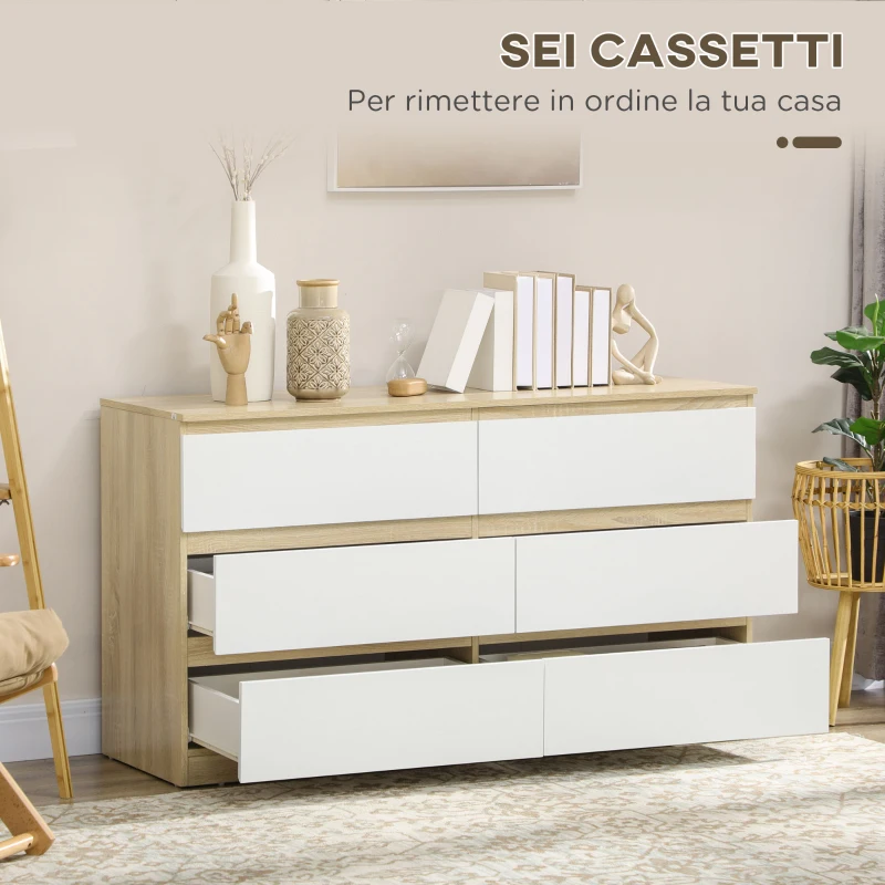 HOMCOM Cassettiera 6 Cassetti Moderna in Legno, 135x48x77cm, Bianco e Colore Legno