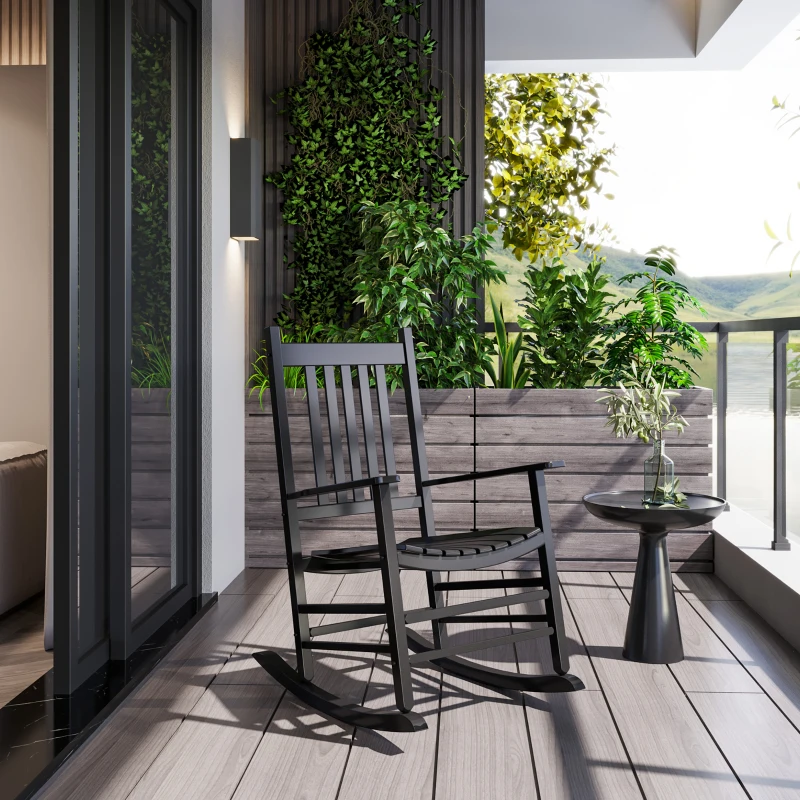 Outsunny Outdoor Porch Rocking Chair Armchair Wooden Patio Rocker Balcony Deck Garden Seat Black