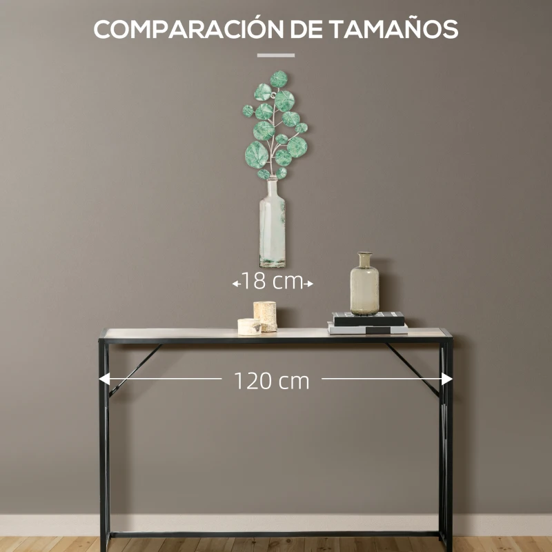 HOMCOM Decoración de Pared de Metal 3D con Planta con Jarrón Adorno de Pared Metálico para Salón 18x56 cm Verde y Plata