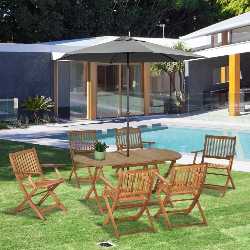 Outsunny 7 Piece Wooden Garden Dining Set with Umbrella Hole, Folding Dining Table and Armchairs with Parasol Hole, 6 Seater Outdoor Patio Furniture for Backyard, Deck and Balcony, Teak