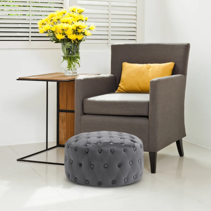 HOMCOM Taburete Otomana Puf Tapizada en Terciopelo con Botones Diseño Vintage Reposapiés Acolchado Suave Φ60x33 cm Gris Oscuro