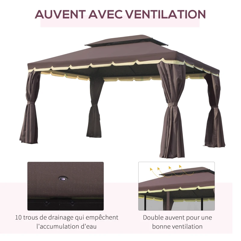 Outsunny Tonnelle de jardin extérieur 4 x 3 m barnum double toit tente de réception avec parois et moustiquaires marron(m-5)