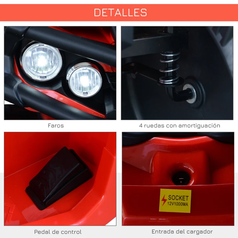HOMCOM Quad Eléctrico Infantil Coche Eléctrico para +3 Años Cuatrimoto Batería 12V con Luces y Sonido 103x68x73cm Rojo