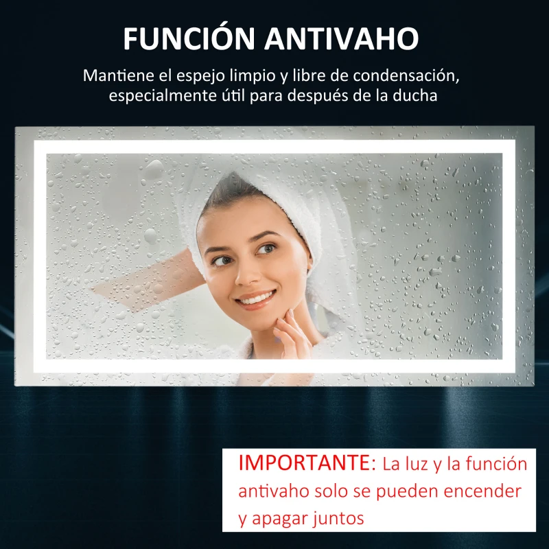 kleankin Espejo de Baño con Luz LED 120x60 cm Espejo de Pared con Interruptor Táctil y Antivaho Suspensión Vertical u Horizontal Aluminio Plata