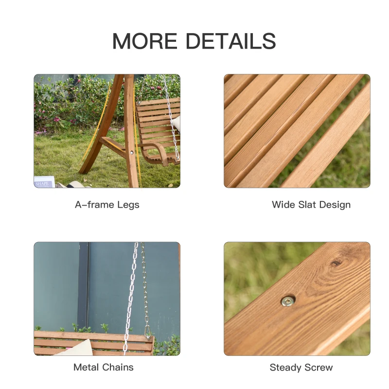 Outsunny 2 Seat Wooden Swing Chair Wood Swing Bench Chair With Canopy and Cup Holder for Patio Garden