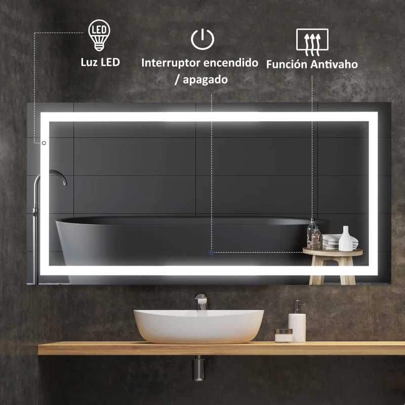 kleankin Espejo de Baño con Luz LED 120x60 cm Espejo de Pared con Interruptor Táctil y Antivaho Suspensión Vertical u Horizontal Aluminio Plata