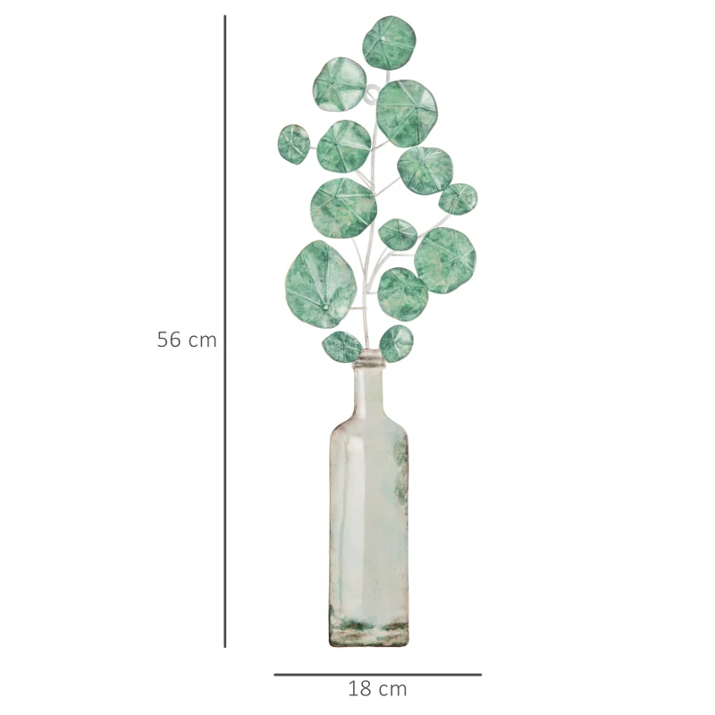 HOMCOM Decoración de Pared de Metal 3D con Planta con Jarrón Adorno de Pared Metálico para Salón 18x56 cm Verde y Plata