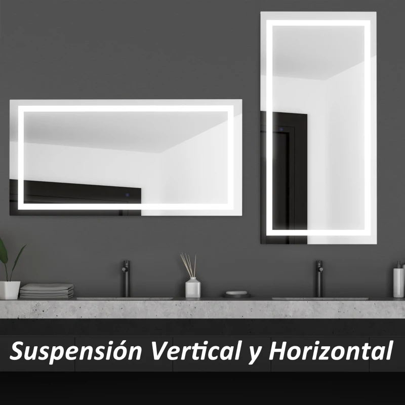 kleankin Espejo de Baño con Luz LED 120x60 cm Espejo de Pared con Interruptor Táctil y Antivaho Suspensión Vertical u Horizontal Aluminio Plata