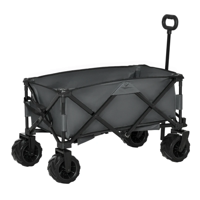 Outsunny Outdoor Pull Along Cart Folding Cargo Wagon Trailer Trolley for Beach Garden with Handle, Anti-Slip Wheel - Dark Grey