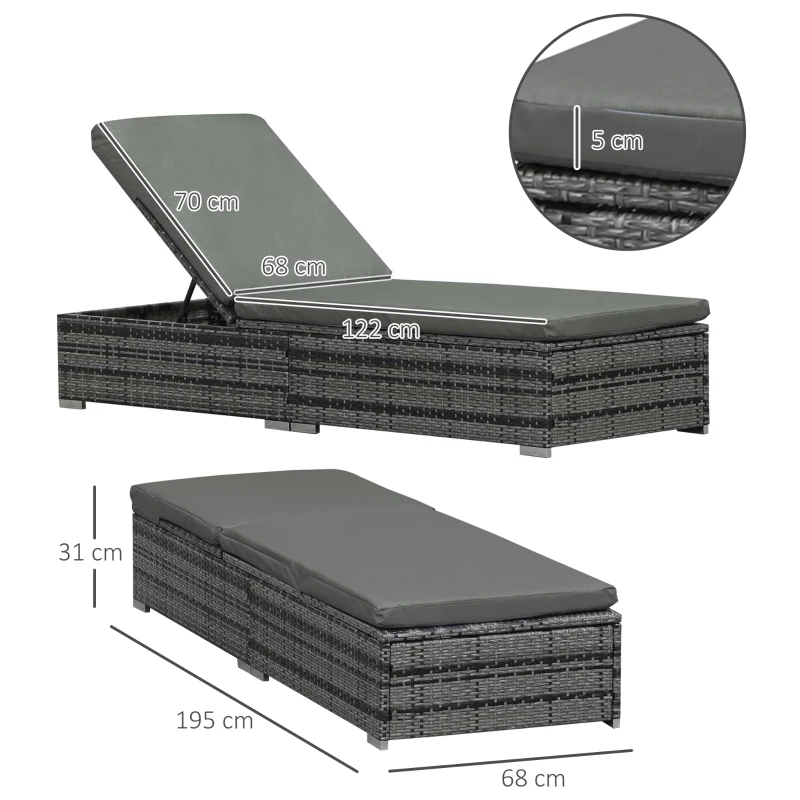 Outsunny Rattan Sun Lounger Adjustable Garden Furniture Recliner Bed Chair Reclining Patio Wicker Grey