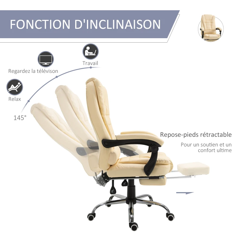 Vinsetto Fauteuil de bureau fauteuil manager grand confort dossier inclinable roulettes P.U 65 x 69 x 127 cm crème