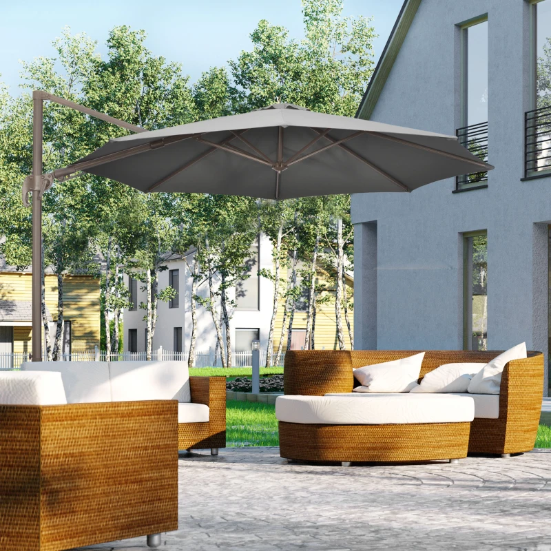 Outsunny 3(m) Cantilever Parasol with 360° Rotation Roma Umbrella, Hanging Sun Shade with Aluminium Frame, Tilt Crank, 8 Ribs and Cross Base, Dark Grey