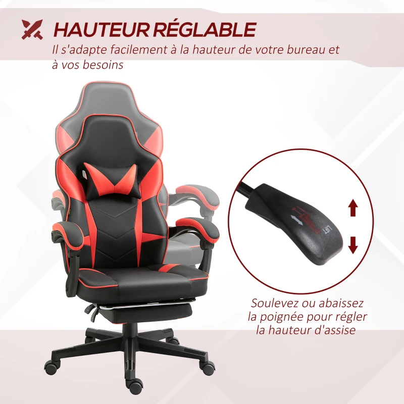 Vinsetto Fauteuil gaming gamer chaise de bureau ergonomique pivotante 360 ° hauteur dossier réglables repos-pieds rétractable 68 x 68 x 126 cm noir rouge