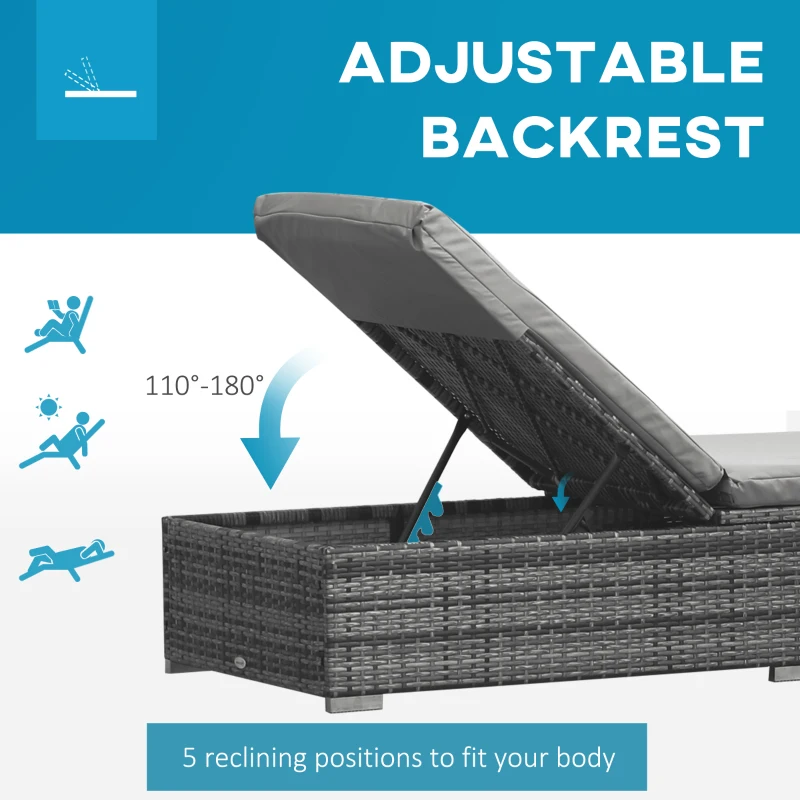 Outsunny Rattan Sun Lounger Adjustable Garden Furniture Recliner Bed Chair Reclining Patio Wicker Grey