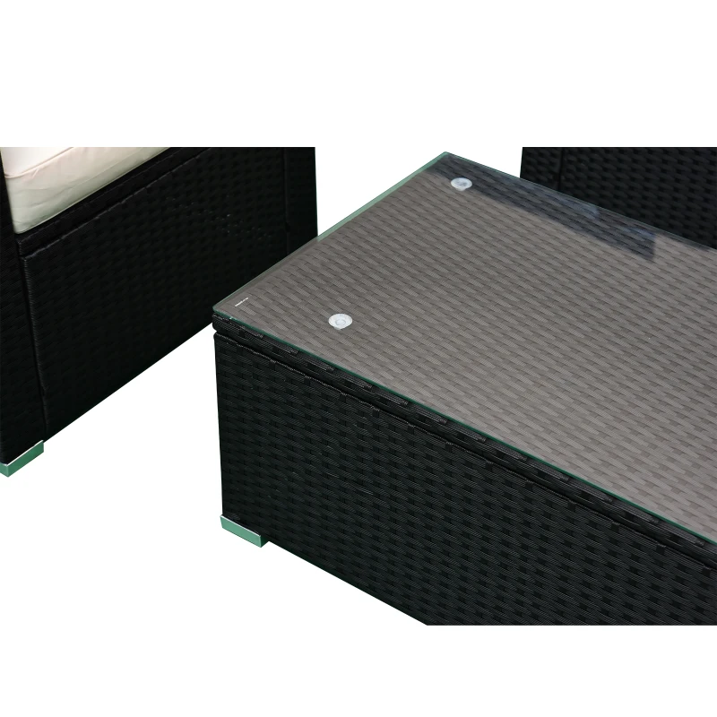 Outsunny Ensemble Salon de Jardin 4 Places Grand Confort Table Basse Plateau Verre trempé résine tressée Noir Coussins crème