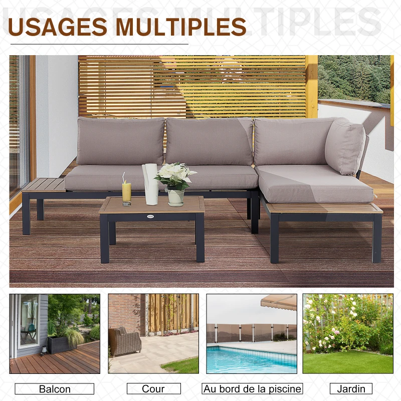 Outsunny Ensemble Salon de Jardin d'angle Design Contemporain 5 Places Coussins Marron Table Basse alu. Noir et Imitation Bois