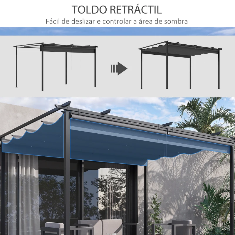 Outsunny Pérgola de Jardim com Teto Retrátil 4 Cortinas Enroláveis de Poliéster e Estrutura de Metal 3,95x2,95 cm Cinza Escuro