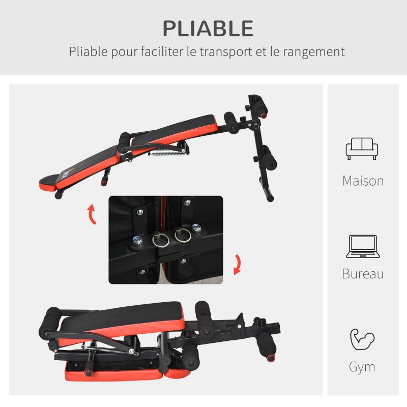 HOMCOM Banc de musculation pliable banc appareil fitness multifonction entraînement complet abdos dos jambes hauteur réglable coussin tétière inclu acier revêtement PU 148 x 58 x 65 cm noir et rouge