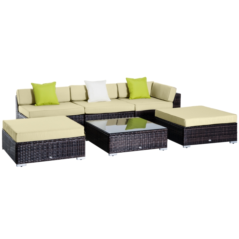 Outsunny 6 PC Rattan Sofa Coffee Table Set Sectional Wicker Weave Furniture for Garden Outdoor Conservatory w/ Pillow Cushion Brown