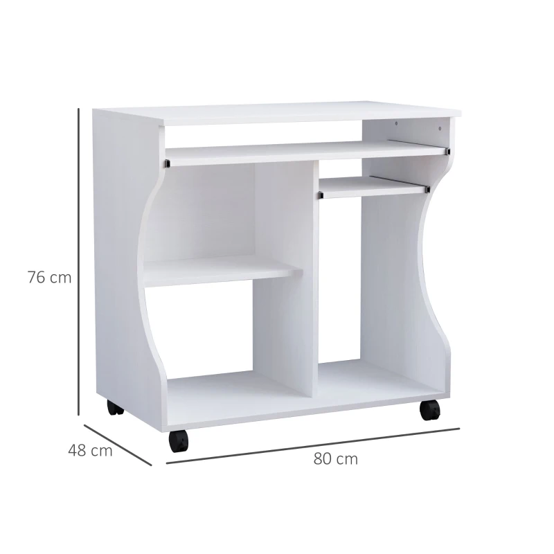 HOMCOM Schreibtisch mit Rollen 80 x 48 cm Computertisch Bürotisch mit Monitorständer, Tastaturablage, Ablage, PC Tisch für Home Office, Schlafzimmer Weiß
