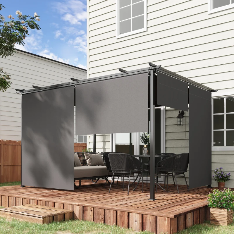 Outsunny Pérgola de Jardim com Teto Retrátil 4 Cortinas Enroláveis de Poliéster e Estrutura de Metal 3,95x2,95 cm Cinza Escuro