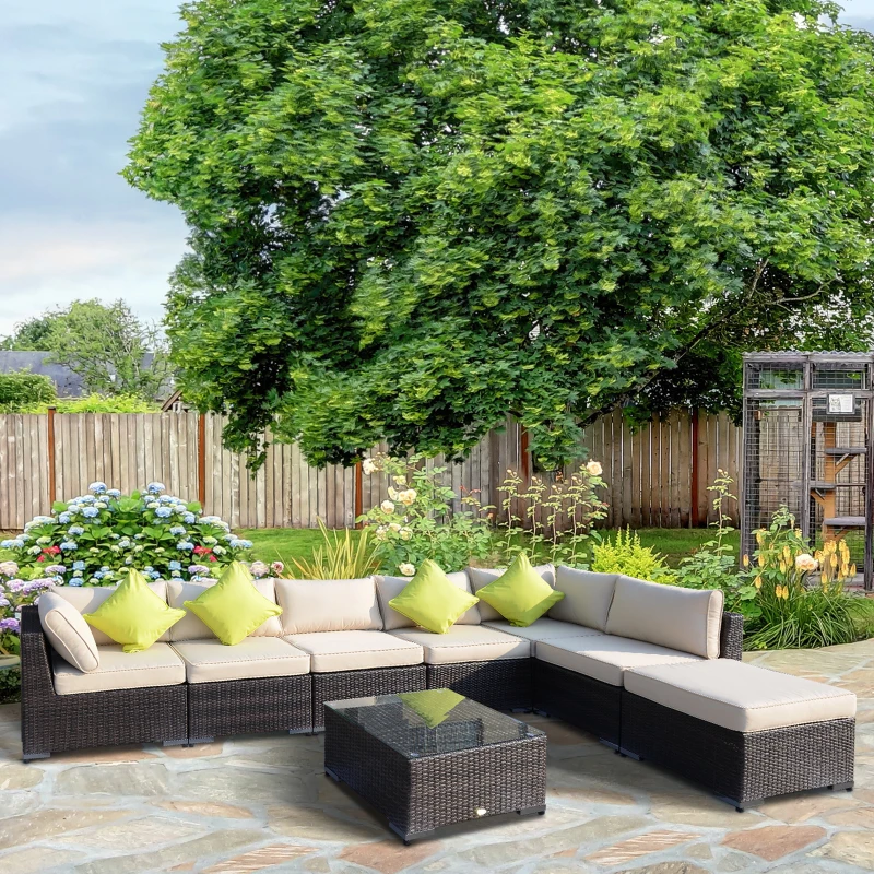 Outsunny 8 Pieces PE Rattan Corner Sofa Set with Thick Cushions, Aluminium Outdoor Rattan Garden Furniture Set with Glass Top Table, No Assembly Required, Mixed Brown