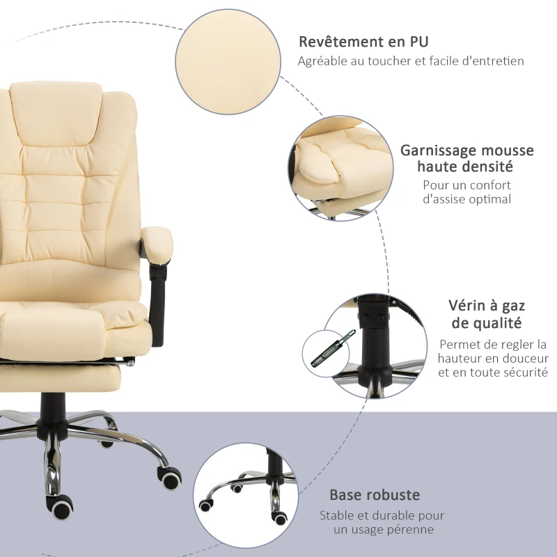 Vinsetto Fauteuil de bureau fauteuil manager grand confort dossier inclinable roulettes P.U 65 x 69 x 127 cm crème