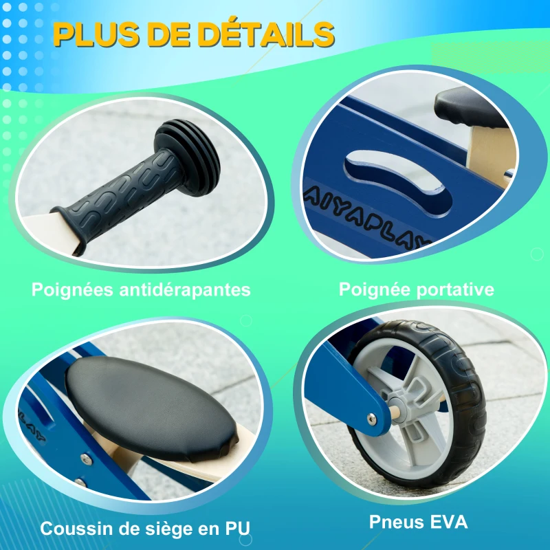AIYAPLAY Draisienne tricycle vélo d'équilibre en bois 2 en 1 sans pédale pour enfants + 18 mois avec siège réglable 22-26 cm - bleu