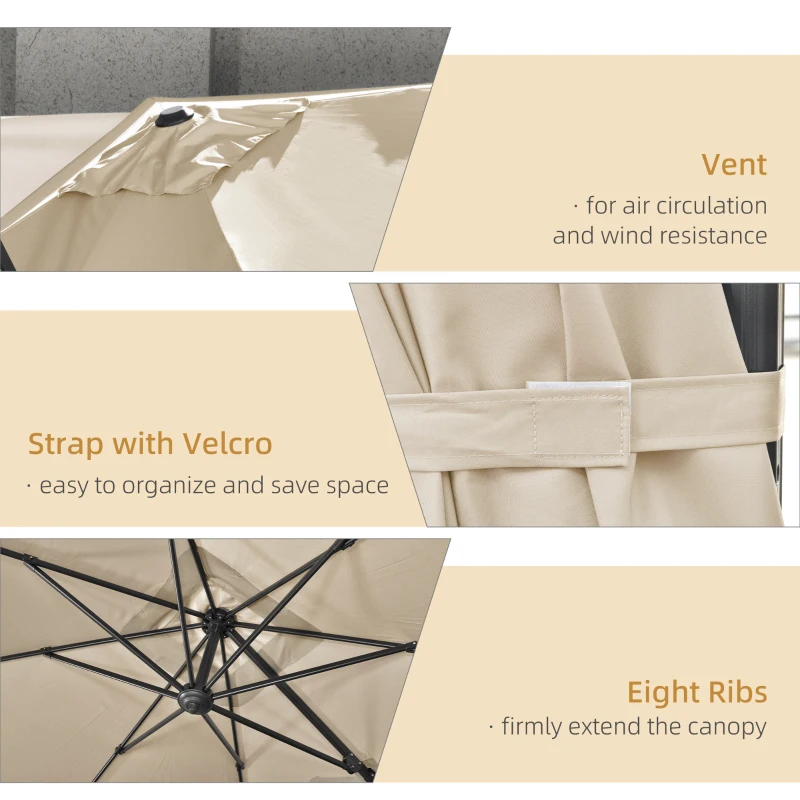 Outsunny 2.7 x 2.7 m Cantilever Parasol - Square Overhanging Umbrella with Cross Base, Crank Handle, Tilt, 360° Rotation and Aluminium Frame, Cream White