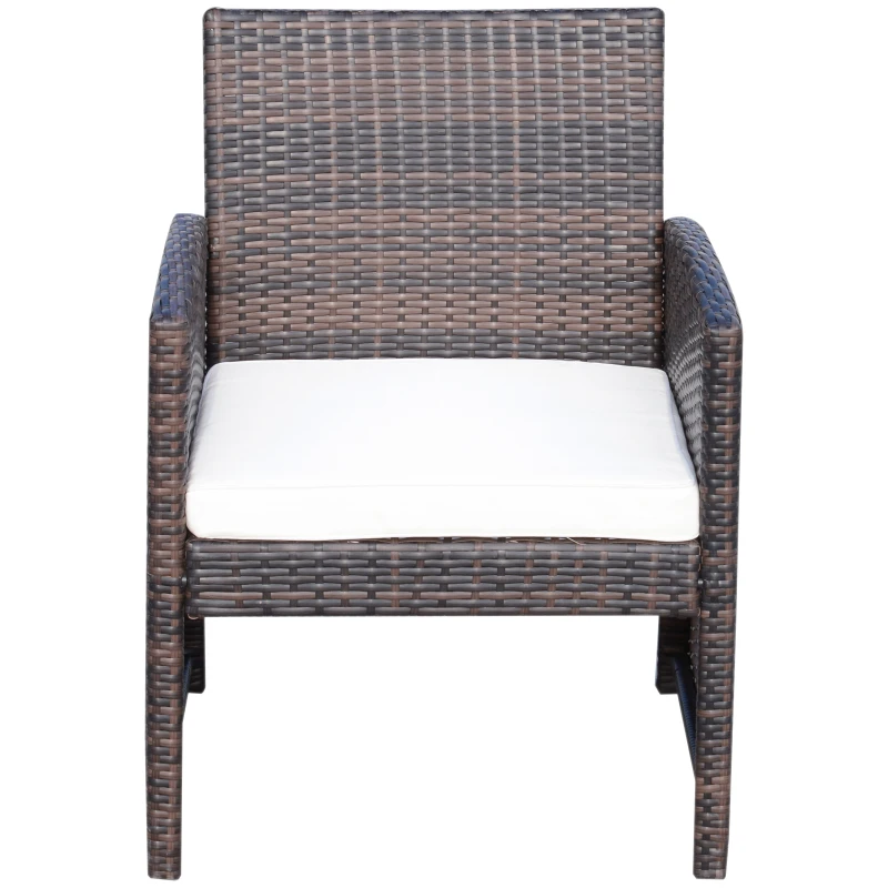 Ensemble Salon de Jardin 4 Places : canapé, 2 fauteuils et Table Basse Plateau Verre trempé résine tressée Imitation rotin Chocolat Coussins Blanc