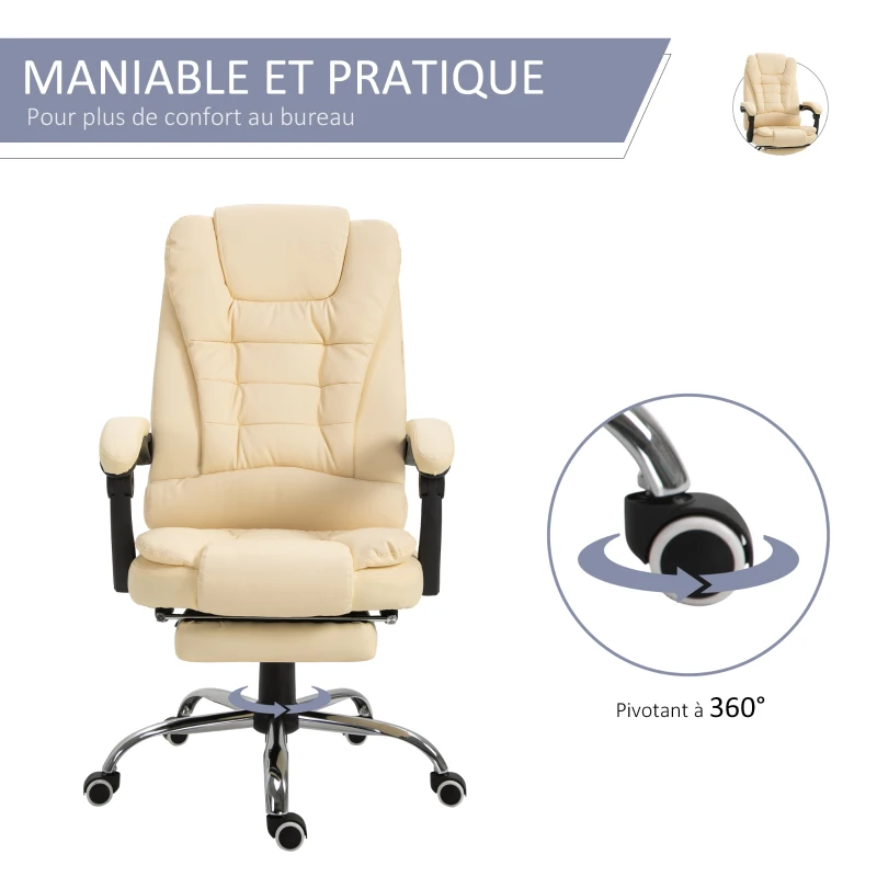 Vinsetto Fauteuil de bureau fauteuil manager grand confort dossier inclinable roulettes P.U 65 x 69 x 127 cm crème