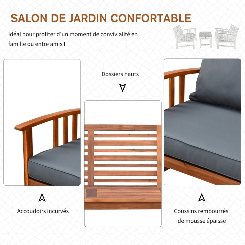 Outsunny Salon de Jardin 4 pers. 4 pièces Style Colonial Coussins Grand Confort Inclus Polyester Gris foncé Bois Acacia