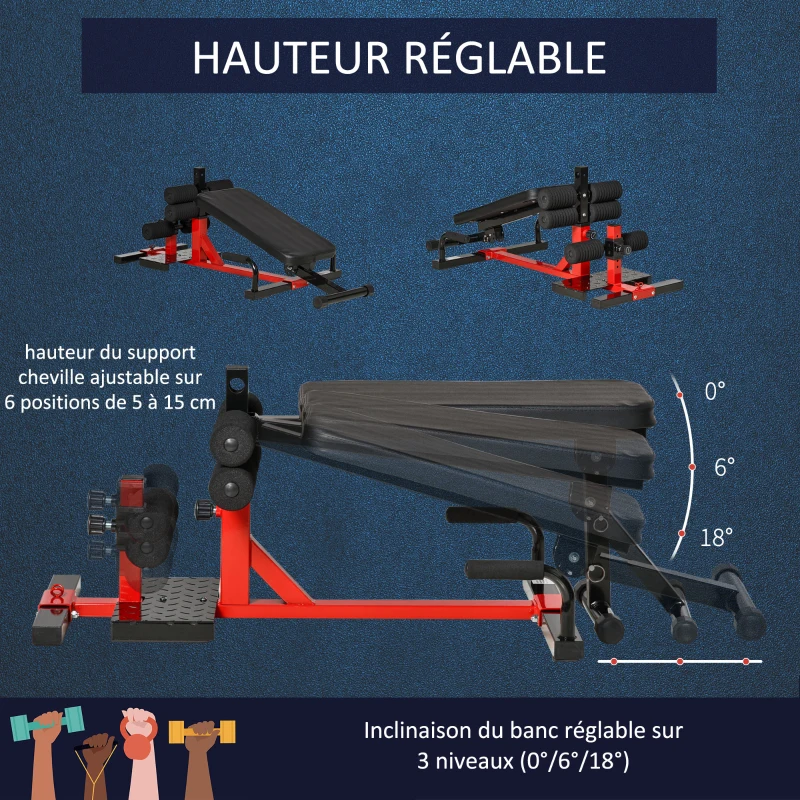 HOMCOM Machine à squats 3 en 1 appareil à abdominaux et dos équipement de fitness sit-up pompes hauteur réglable 6 positions banc inclinable amovible acier 100 x 58 x 46 cm rouge et noir