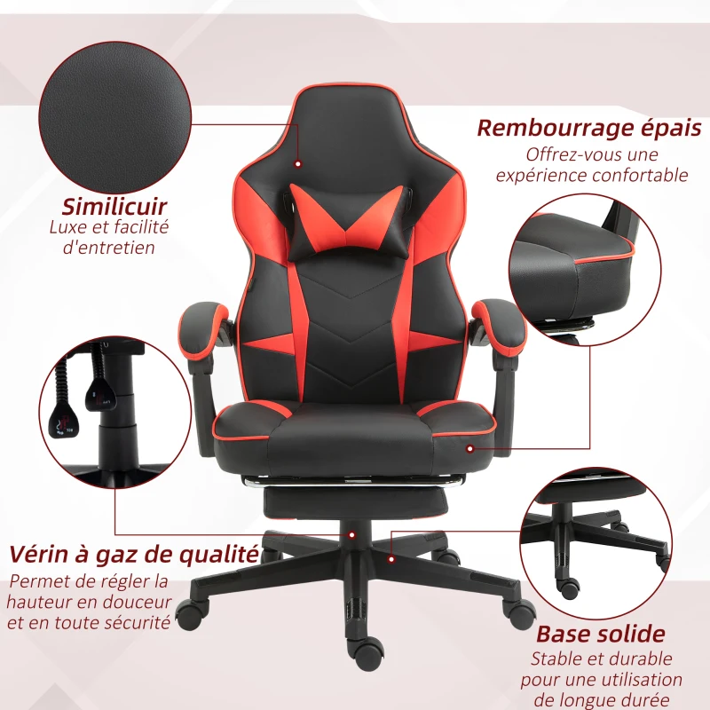 Vinsetto Fauteuil gaming gamer chaise de bureau ergonomique pivotante 360 ° hauteur dossier réglables repos-pieds rétractable 68 x 68 x 126 cm noir rouge