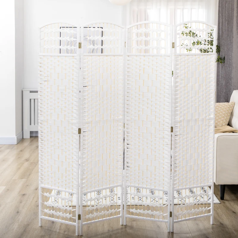 HOMCOM Biombo de 4 Painéis Dobrável Separador de Ambientes de Corda de Papel e Estrutura de Madeira 60x170 cm Branco