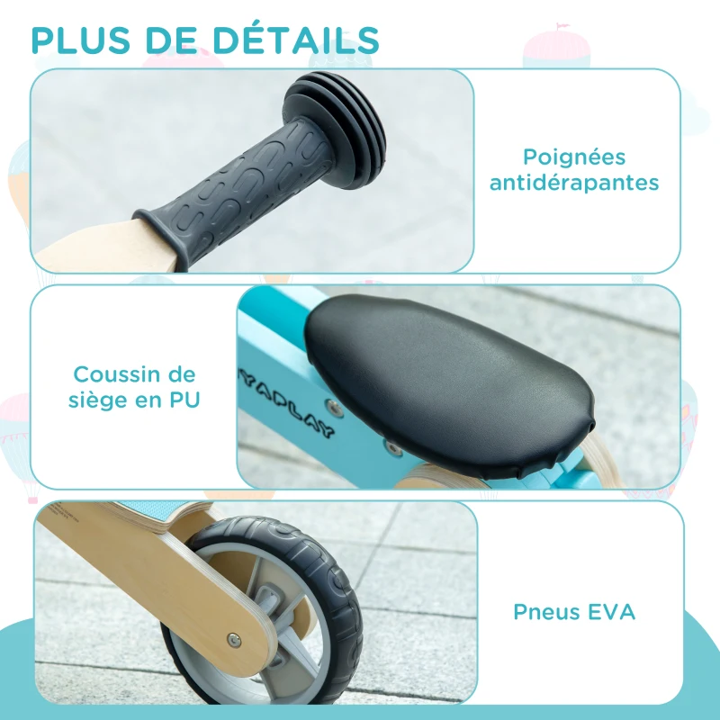 AIYAPLAY Draisienne Trottinette enfants vélo d'équilibre 2 en 1 évolutive 18 Mois à 3 Ans effet bois Charge Max. 30 kg Bleu