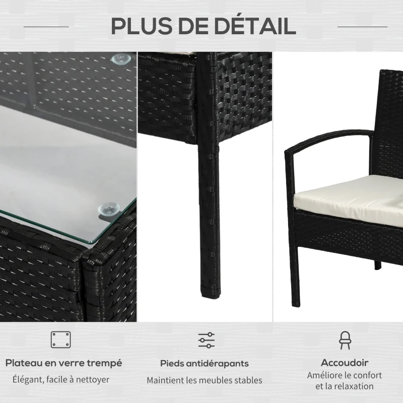 Outsunny Ensemble salon de jardin 4 places : canapé, 2 fauteuils et table basse plateau verre trempé résine tressée 4 fils  imitation rotin noir coussins blanc