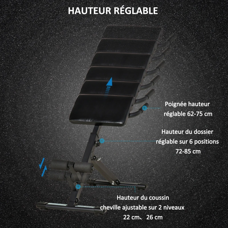 HOMCOM Banc de musculation pliable chaise romaine multifonctionnelle appareil de fitness et musculation pour dos abdominaux hauteur réglable hyper extension acier PU 100 x 57 x 72-85 cm noir