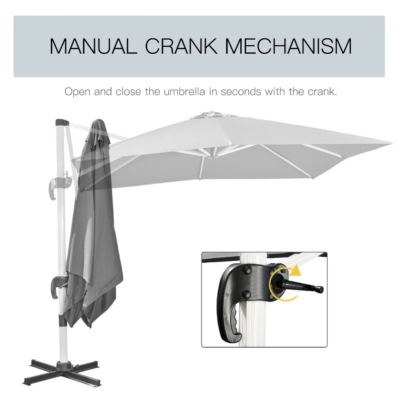 Outsunny 3 x 3(m) Cantilever Roma Parasol, Square Garden Umbrella with Cross Base, Crank Handle, Tilt, 360° Rotation and Aluminium Frame, Grey