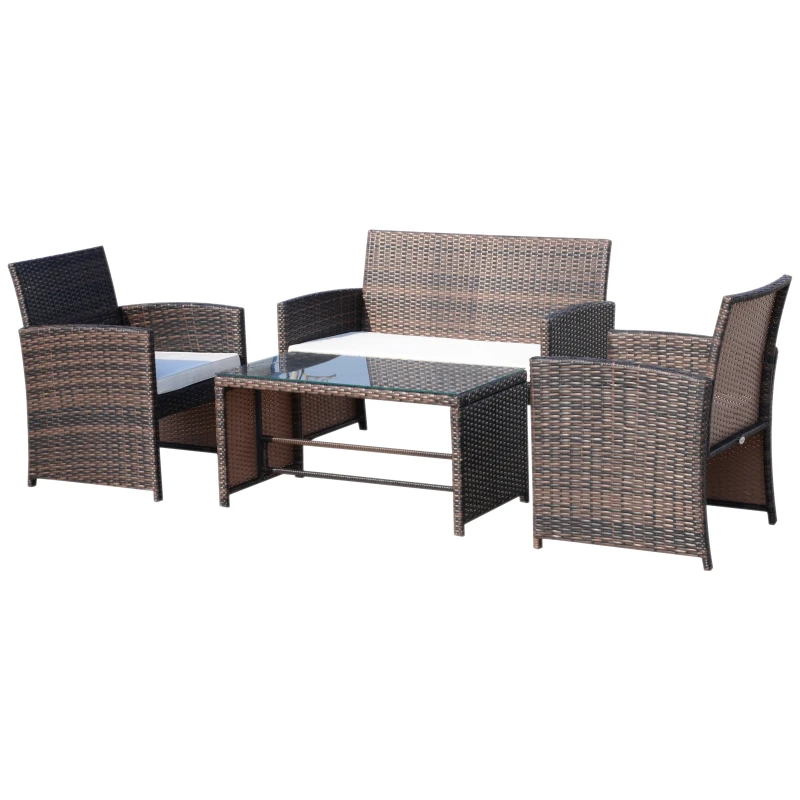 Ensemble Salon de Jardin 4 Places : canapé, 2 fauteuils et Table Basse Plateau Verre trempé résine tressée Imitation rotin Chocolat Coussins Blanc