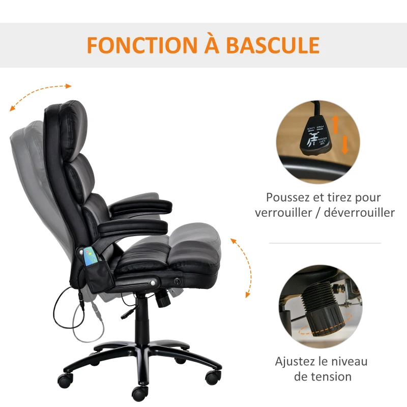Vinsetto Fauteuil de bureau massant fauteuil bureau ergonomique grand confort hauteur réglable dossier inclinable télécommande filaire pivotante 360° noir