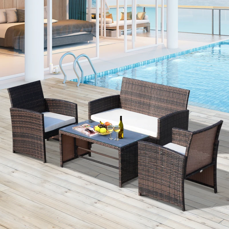 Ensemble Salon de Jardin 4 Places : canapé, 2 fauteuils et Table Basse Plateau Verre trempé résine tressée Imitation rotin Chocolat Coussins Blanc