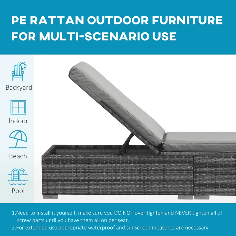 Outsunny Rattan Sun Lounger Adjustable Garden Furniture Recliner Bed Chair Reclining Patio Wicker Grey