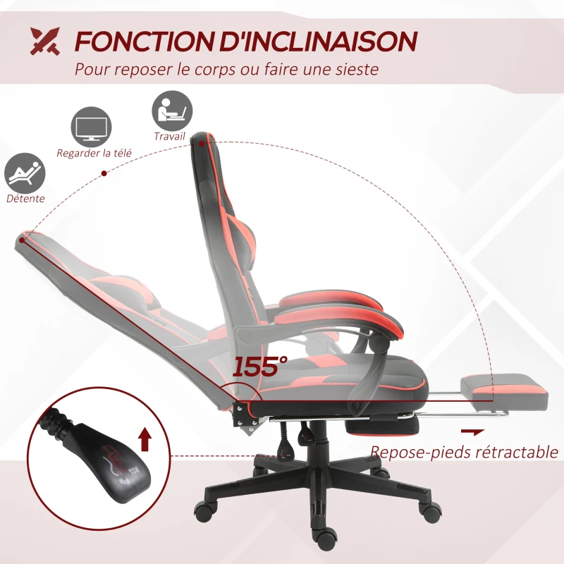 Vinsetto Fauteuil gaming gamer chaise de bureau ergonomique pivotante 360 ° hauteur dossier réglables repos-pieds rétractable 68 x 68 x 126 cm noir rouge