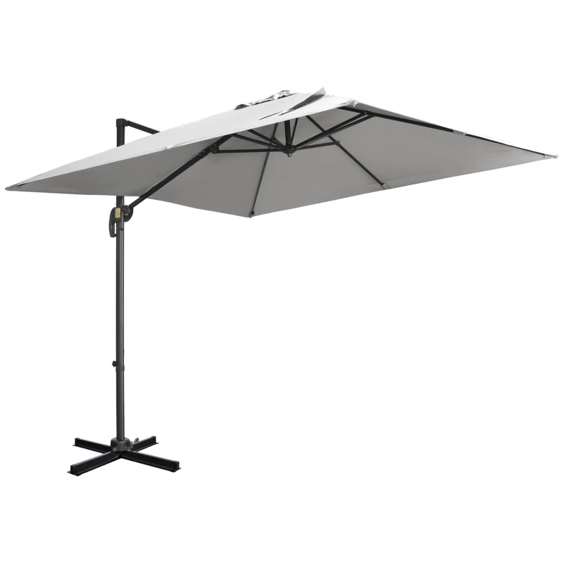 Outsunny 2.7 x 2.7 m Cantilever Parasol - Square Overhanging Umbrella with Cross Base, Crank Handle, Tilt, 360° Rotation and Aluminium Frame, Light Grey