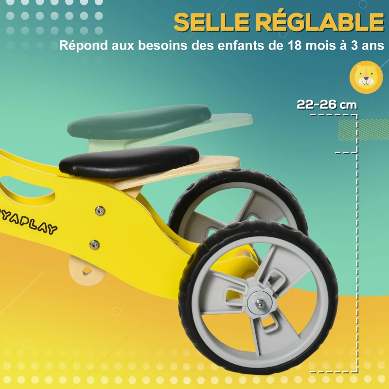 AIYAPLAY Draisienne tricycle en bois vélo d'équilibre 2 en 1 en forme d'animal avec selle réglable, pour les jeunes conducteurs, vélo d'équilibre léger pour enfants avec poignée portable, jaune